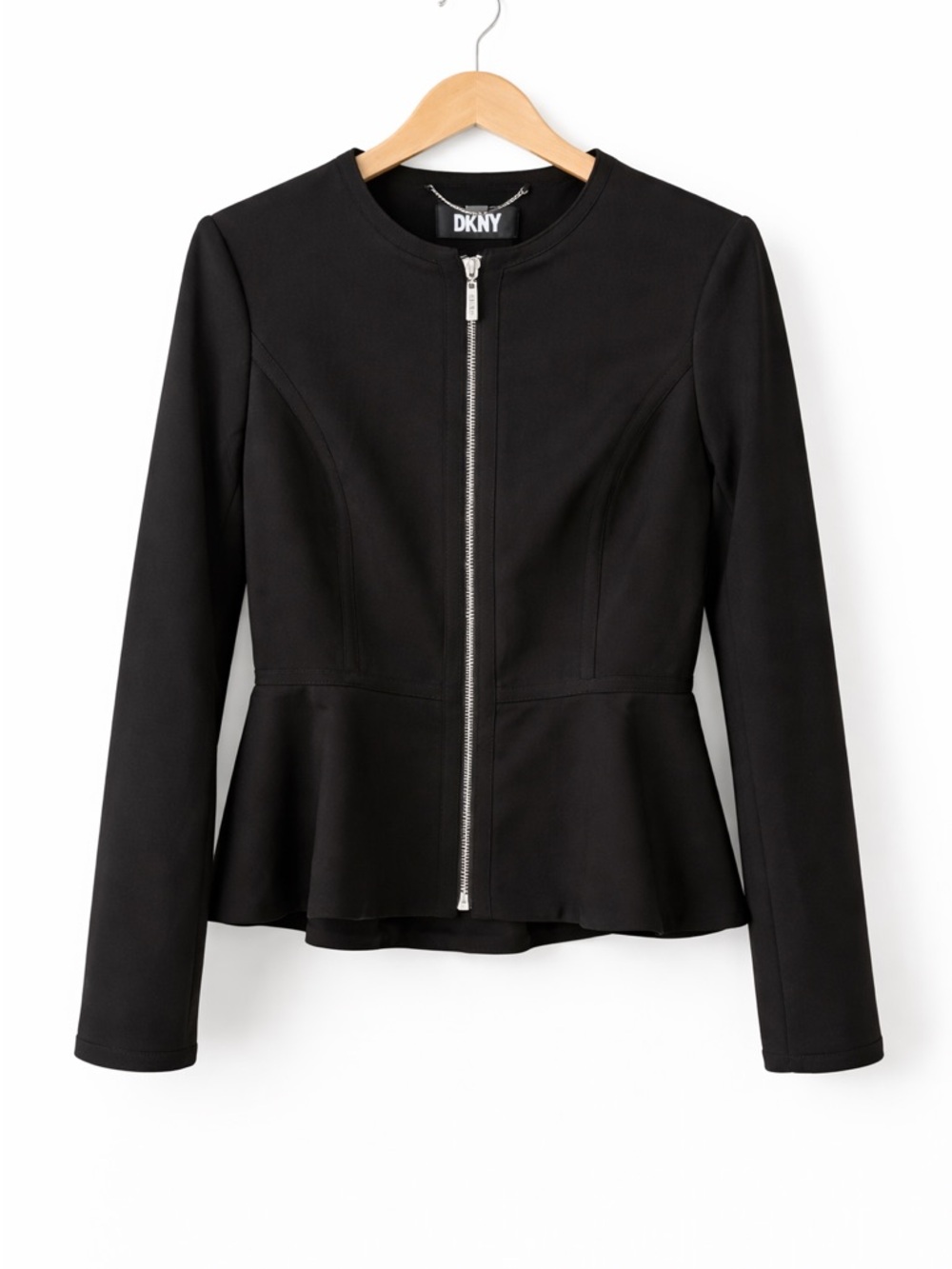 DKNY Black Peplum Zip Jacket with Silver Hardware